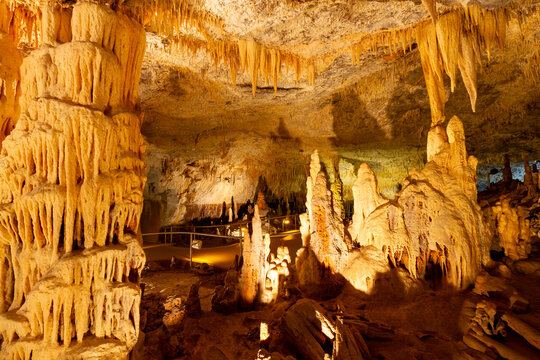 The amazing cave Kapsia, with hundreds of stalactites and stalagmites, at the region of Arcadia, in Peloponnese, Greece, Europe.