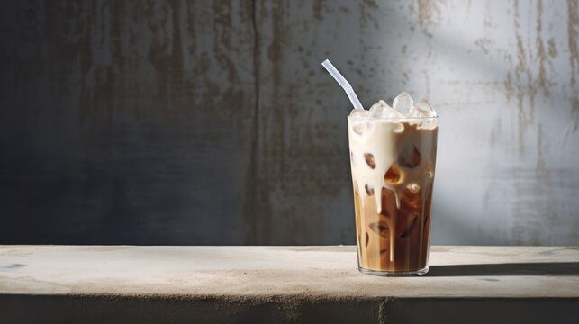 A chilled glass of iced coffee with milk stands tall, contrasting against the rugged texture of a concrete floor
