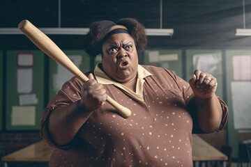 Eccentric plus size woman teacher. Overweight woman holding a baseball wooden bat. Generate ai