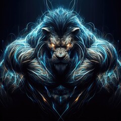 Angry bodybuilding lion with glowing lines, black background, illustration