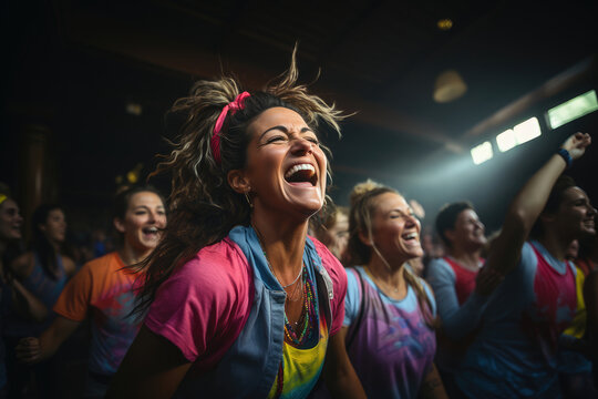 Joyful woman laughing amidst a lively zumba crowd, capturing the essence of celebration and camaraderie.