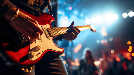 Obraz premium Zoom in on a guitarist's fingers as they shred through a guitar solo, emphasizing the intricate details of the performance, rock concert, blurred background