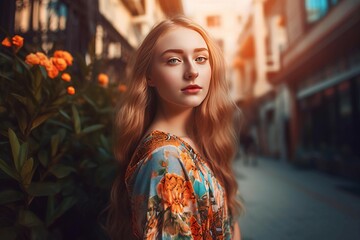 Beautiful fashionable girl in floral dress. Pretty blonde woman posing on city street. Generate ai