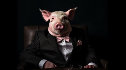 portrait of a hungover pig wearing a suit black background.Generative AI - obrazy, fototapety, plakaty