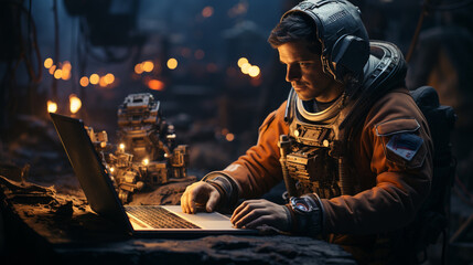 Fototapeta na wymiar Astronaut using laptop in space.
