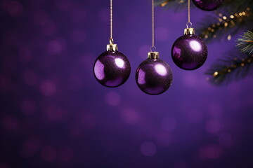 Set of Christmas toys hanging on dark purple background - Powered by Adobe