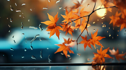 Autumn leaves on window glass in rainy day.