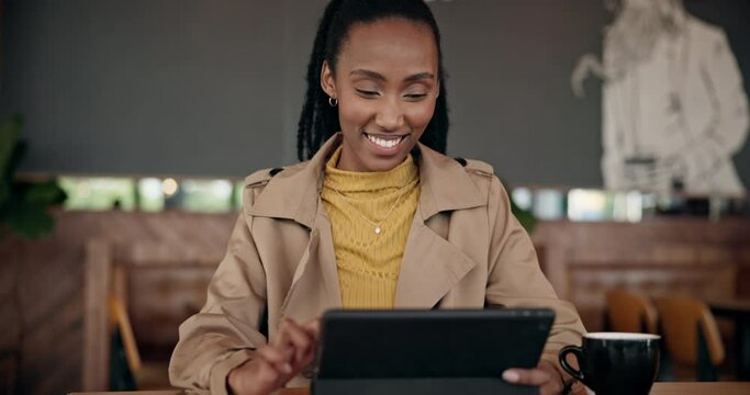 Internet, cafe and black woman with a tablet, typing and website information with connection, thinking or social media. African person, freelancer or girl with tech, email notification or coffee shop