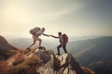 Hiker help friend in mountains peak. Sunrise climbing rescue rock. Generate Ai - obrazy, fototapety, plakaty