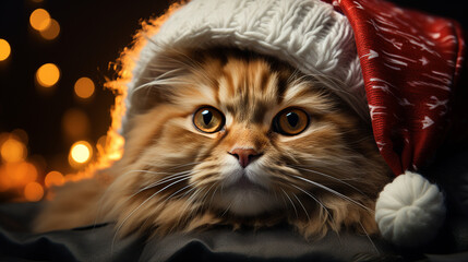 Cat wearing santa hat.