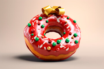 Christmas donut. Doughnut with New Year's sprinkles and red icing. Christmas wreath. Holiday image for advent calendar, greeting card, advertising, bakery, market.
