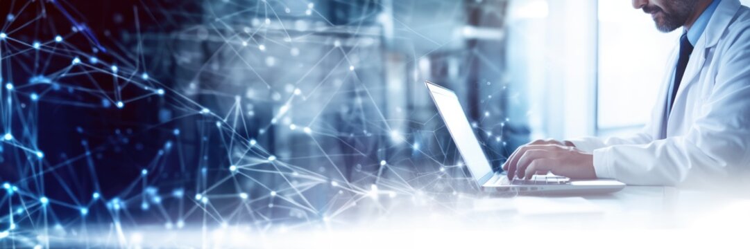 Medical technology, online health, global health network and tourism concept. Doctor using laptop computer with medical technology internet network connection, digital technology.