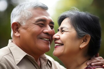 Laughing Hispanic couple portrait. Happy relationship cuddly and romantic moment. Generate ai