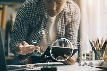 Architect construction engineer plan on hard project at work.