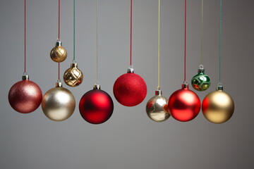 Set of Christmas toys hanging on neutral background