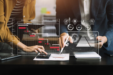 Project manager working and update tasks with milestones progress planning and professional...