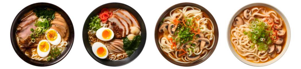 Fotobehang Asian noodle soup, ramen on bowl, top view with transparent background, smooth blur edge, Generative AI © Bakemon