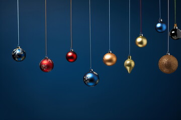 Set of Christmas toys hanging on dark blue background