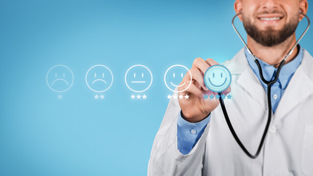 Doctor selecting positive feedback with stethoscope smiley