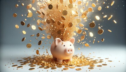 Adorable 3D visualization of a piggy bank, exploding with a shower of shiny gold coins. The scene captures the moment of impact, with golden particles suspended in mid-air.