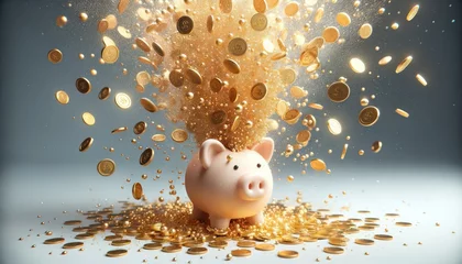 Fotobehang Adorable 3D visualization of a piggy bank, exploding with a shower of shiny gold coins. The scene captures the moment of impact, with golden particles suspended in mid-air. © Tom