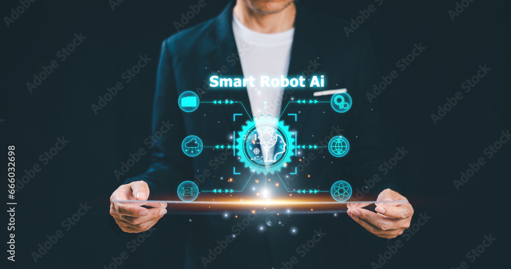 Poster businessman use sorftware technology ai for business, smart robot automation system, data analysis, 