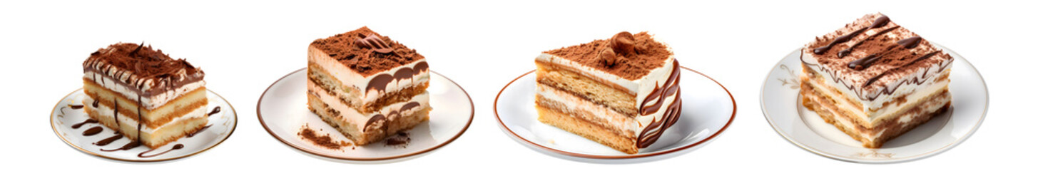 Fototapeta na wymiar Slice of Tiramisu Cake on plate top view with transparent background, smooth blur edge, Generative AI 