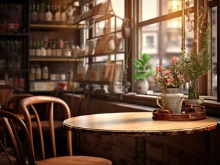 Fototapeta na wymiar A captivating coffee shop image showcases a snug shelf and table arrangement, ideal for enhancing cafe ambiance. The background's bokeh effect infuses the setting with enchantment.