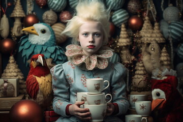 A girl with fairy lights around her is holding cups in front of Christmas decorations. In the style of surrealist portraiture