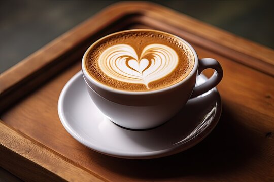 Morning delight. Hot cappuccino and latte beautiful art heart. Coffee creations. Espresso masterpieces. Artistry in cup. Cafe elegance