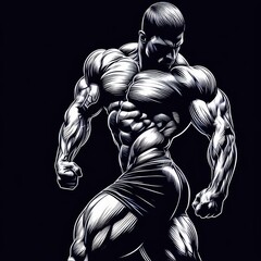 Fototapeta na wymiar Muscular Elegance: Bodybuilder's Watercolor Portrait Man on Black Background.