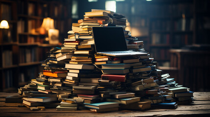 Pile of books with a laptop.