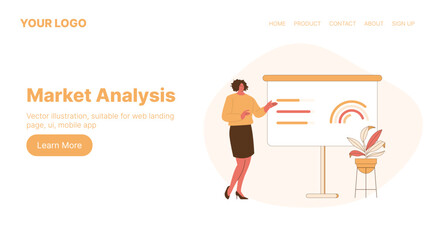 Market Analysis. Web Landing Page Design. Flat Cartoon Vector Illustration.