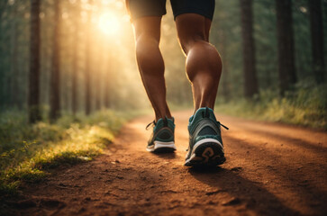 trained runner running in the middle of the forest in the sunrise, preparing for a marathon