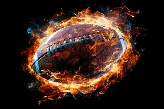Burning ball in motion resembling American football and rugby. Generative AI