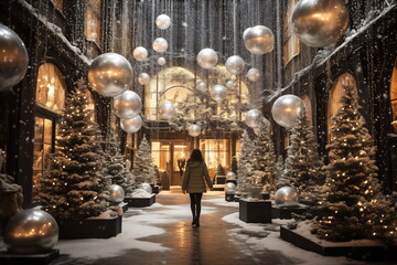 A woman walking down a snowy corridor with Christmas ornaments hanging around