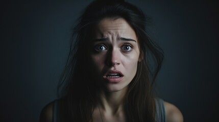Scared Woman Looking at the Camera Isolated on the Minimalist Background
