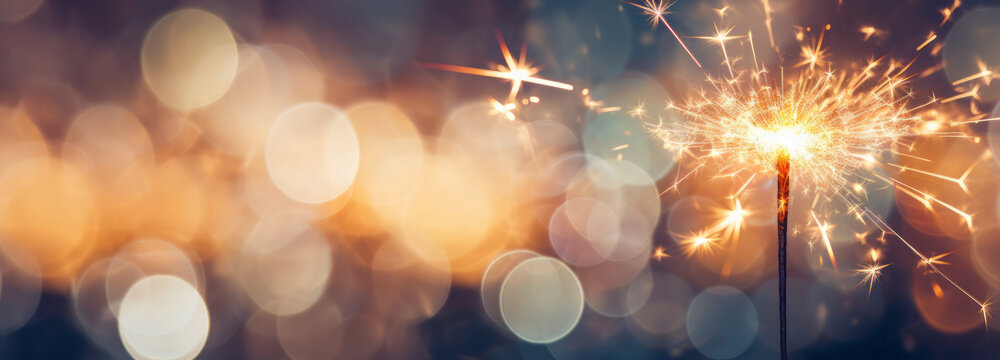 Glittering burning sparkler against blurred colorful bokeh background. Celebrating Christmas and New Year's Eve.