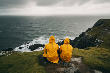 Young couple wearing yellow raincoats sitting on the edge of a cliff with huge waves rolling...