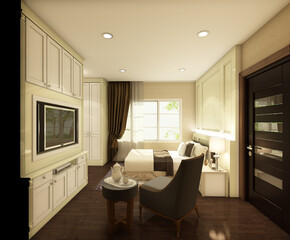 3d render illustration The small bedroom is unique. to welcome guests to stay at home.