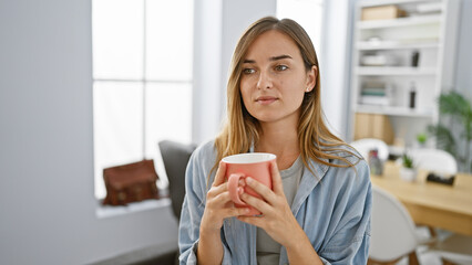 Beautiful, young, blonde, woman, engrossed in thinking while holding a cup of coffee amidst a...