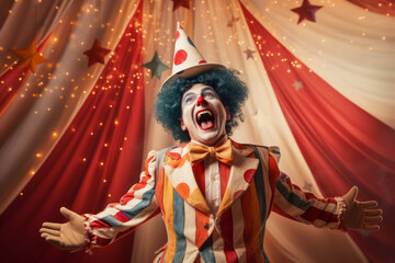 Fototapeta na wymiar Cheerful clown wearing funny colorful clothes and a hat on a backdrop of circus tent.
