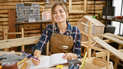 Radiant young blonde woman carpenter, confidently taking notes, exudes joy at her carpentry...