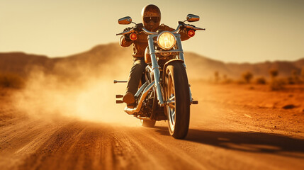 Custom motorbike biker rider on blurred desert road - obrazy, fototapety, plakaty