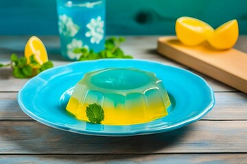 Plate of lemon jelly mint dessert. Fruit sweet fresh tasty diet. Generate Ai