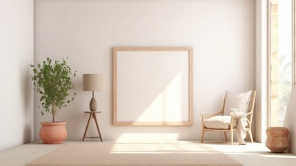 Blank frame on White Wall in a living room boho style.Generative AI