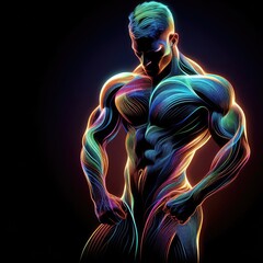 Muscular Elegance: Bodybuilder's Watercolor Portrait Man on Black Background.
