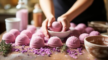 Hands molding and shaping fragrant homemade bath bombs
