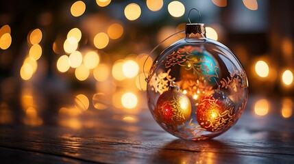 Fototapeta na wymiar Holiday lights reflecting in a decorative glass ornament 