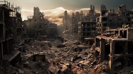 City destroyed by war, creativity and design. Generative Ai - obrazy, fototapety, plakaty